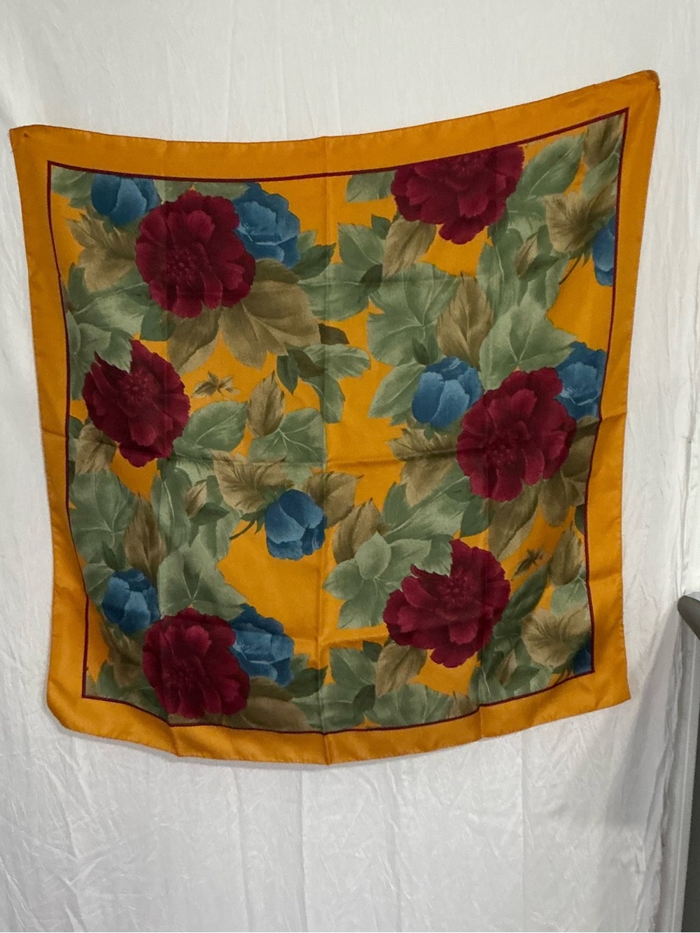 Unk Mustard Floral Silk-Feel Scarf with Burgundy and Green Accents - Picture 3 of 7